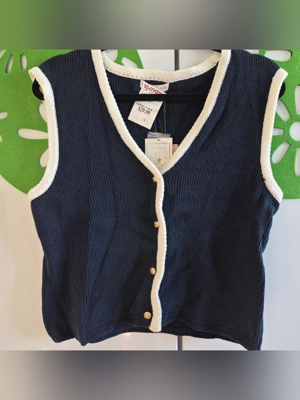 Sincerely Jules Navy Knit Button-Front Vest with Cream Trim